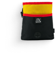 A black pouch with yellow and red top, featuring a logo and a cross symbol.