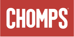 The image is a red logo with the word 'CHOMPS' in white capital letters.