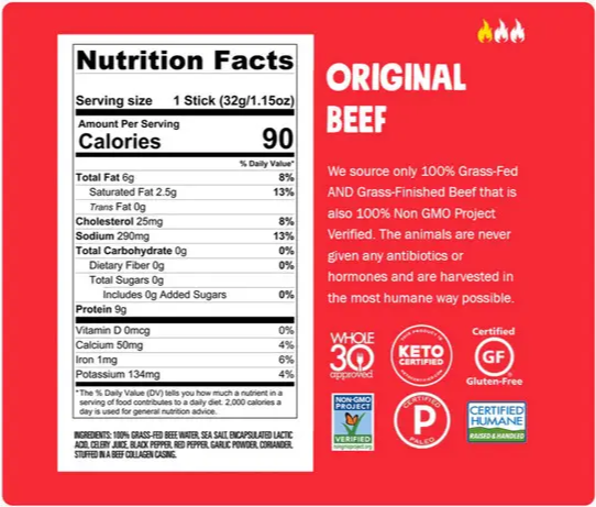 Nutrition label and certifications for 100% grass-fed beef sticks.