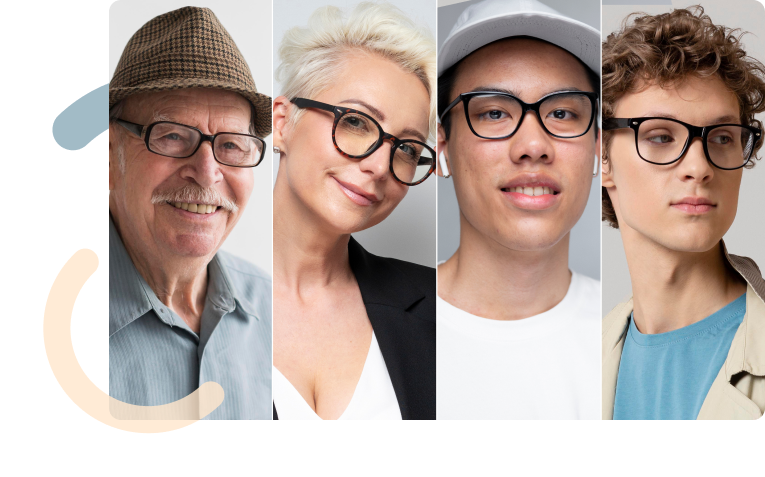 Four people in glasses, each with a unique style and expression.