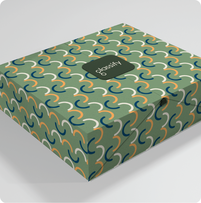 Decorative box with a geometric wave pattern and a logo on top.