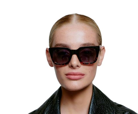 Person wearing sunglasses and a leather jacket against a plain background.