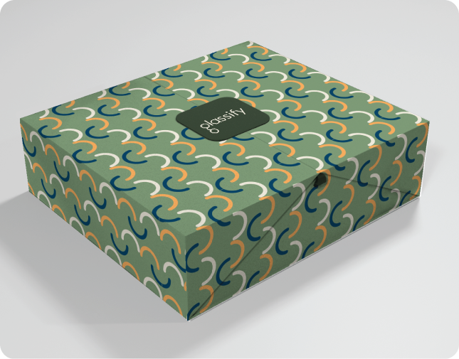 Colorful patterned box with a decorative design and a glossy tag on the top.