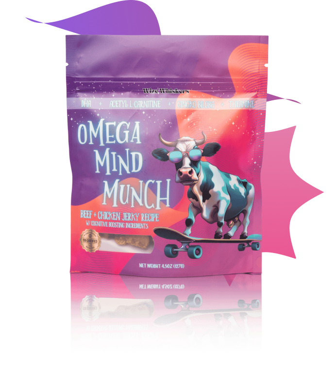 'Colorful pet treat packaging featuring a cow on a skateboard.'