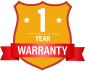 Shield emblem with '1 Year Warranty' text on a red ribbon.