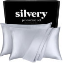 Silvery silk pillowcase set packaging with two pillowcases.