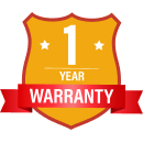 'One-year warranty badge with stars and red ribbon.'