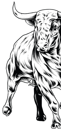 Black and white illustration of a charging bull.