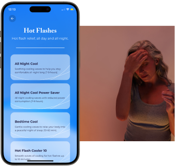 A woman experiencing hot flashes next to a mobile app for hot flash relief.