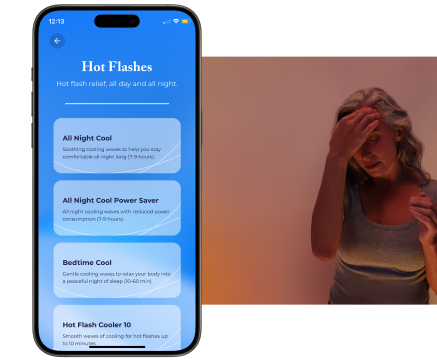 A smartphone app screen about hot flash relief next to a woman wiping her forehead.