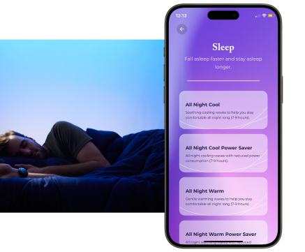 A person sleeping beside a smartphone displaying a sleep app with various nighttime settings.