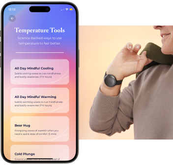 Smartphone displaying 'Temperature Tools' app with person adjusting a temperature device on wrist.