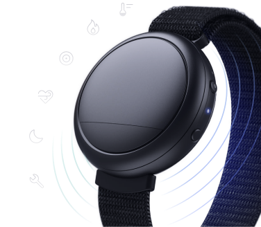 Smart wearable device with icons indicating various health and environmental features.