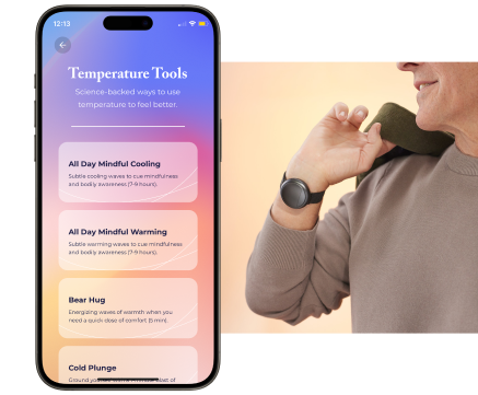 Smartphone app interface and person wearing a temperature-regulating device on the wrist.