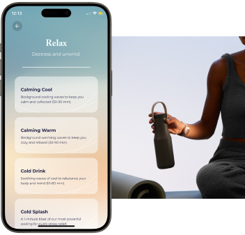 A smartphone app displaying relaxation options next to a person holding a bottle.