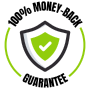 '100% money-back guarantee badge with a shield and checkmark.'