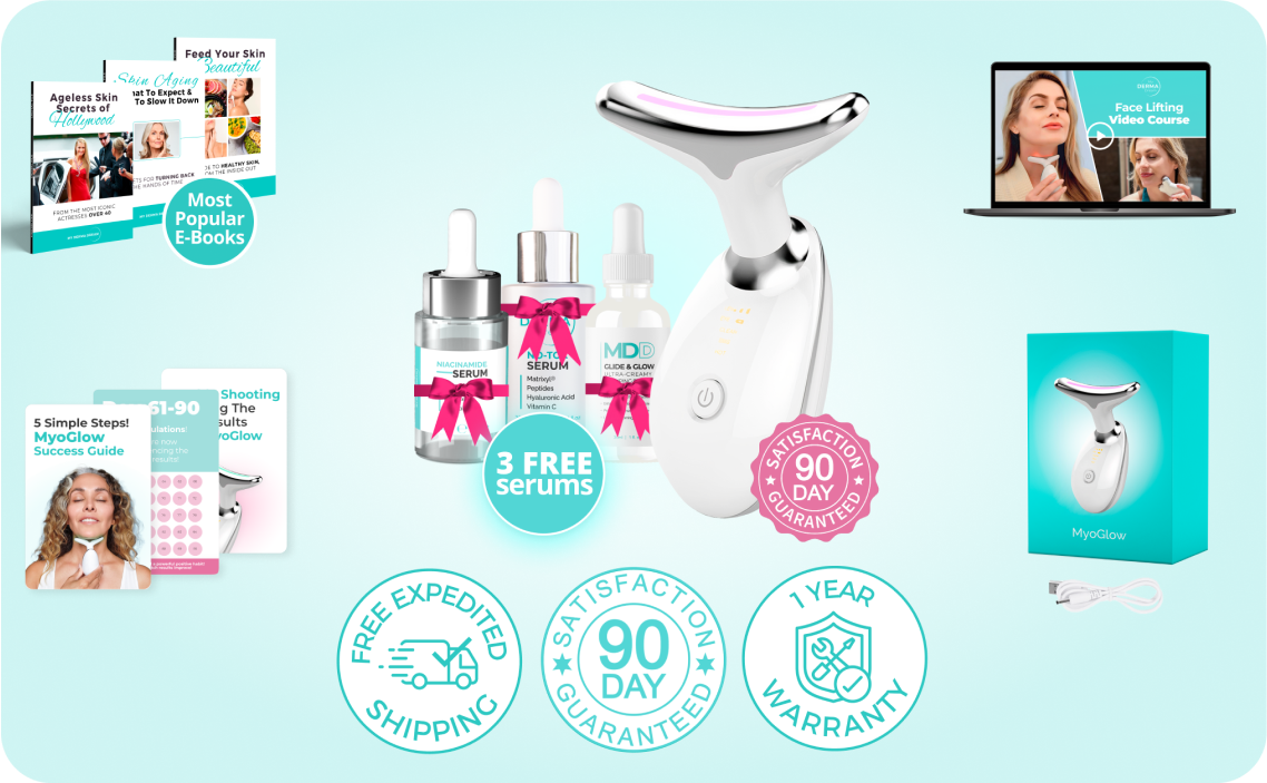 Beauty device with serums, e-books, video course, and satisfaction guarantees displayed.