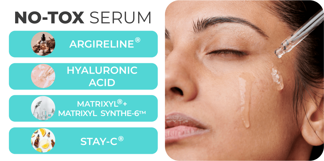 Close-up of a woman applying No-Tox serum with listed ingredients.