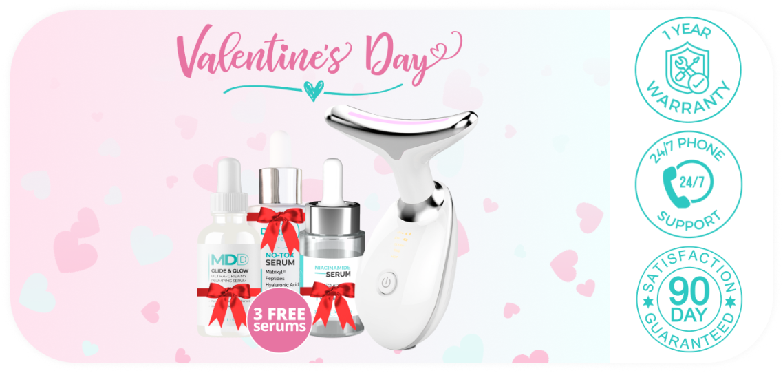 Valentine's Day skincare offer with serums and a facial device.