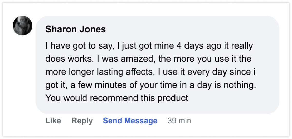 A Facebook comment praising a product after four days of use.