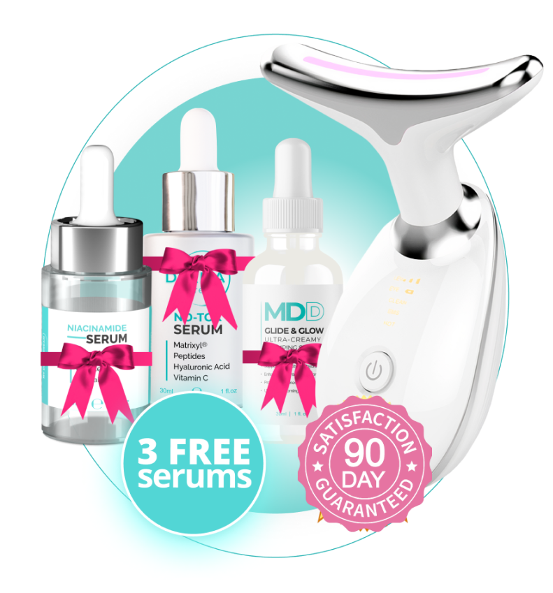 Beauty serums and device promotional offer with satisfaction guarantee badge.