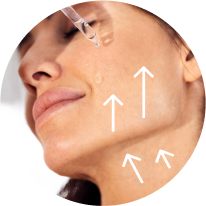 Woman applying skincare serum with dropper, white arrows indicating lifting effect.
