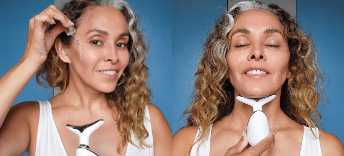Woman applying serum and using a skincare device on her face.