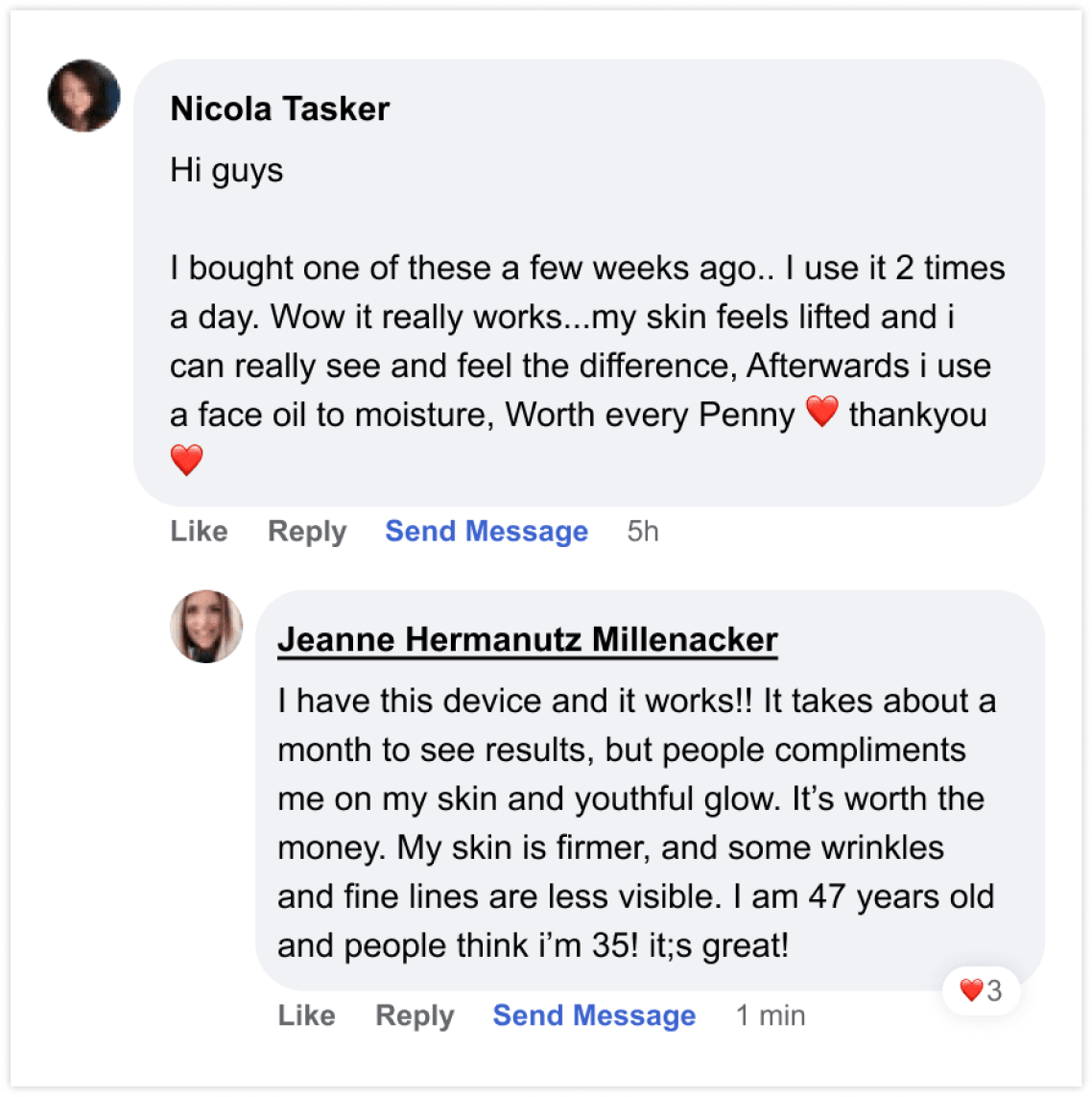 Two user comments praising a skincare device for improving skin texture and appearance.
