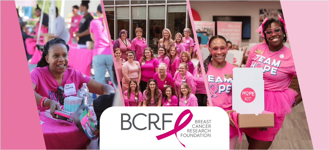People wearing pink at a Breast Cancer Research Foundation event, featuring 'Hope Kits.'