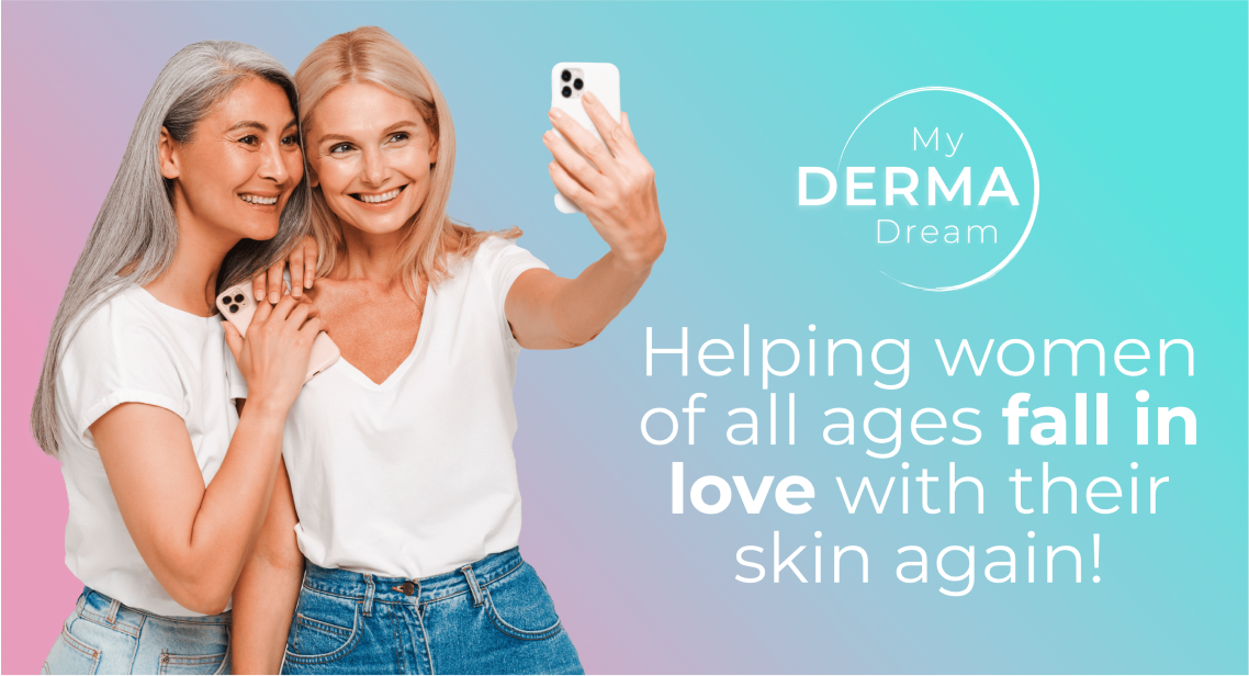 Two women taking a selfie, promoting skincare with motivational text.