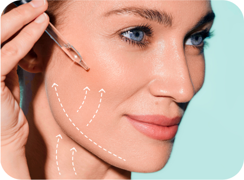 A woman applying serum to her cheek with a dropper, against a light blue background.