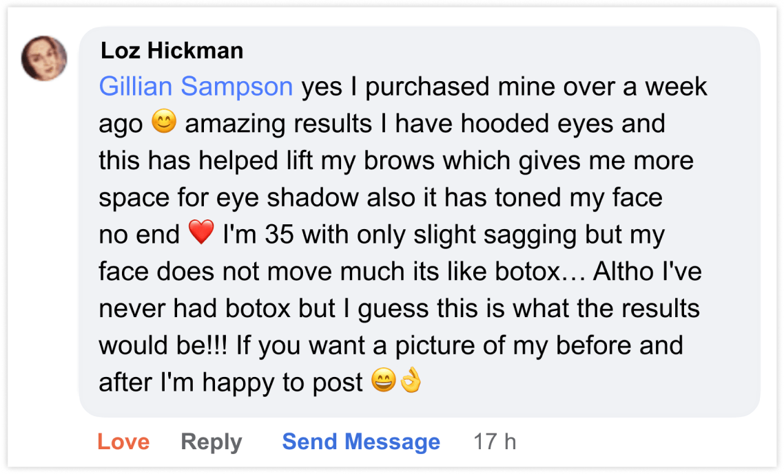 A Facebook comment about positive results from a brow-lifting product.