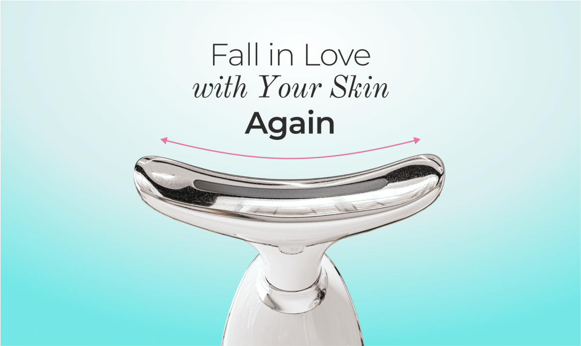 Facial massage roller with text: 'Fall in Love with Your Skin Again.'