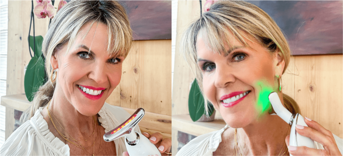 Woman using facial beauty devices with light therapy.
