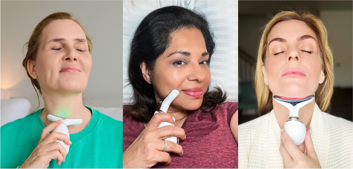 Three people using handheld skincare devices on their faces.