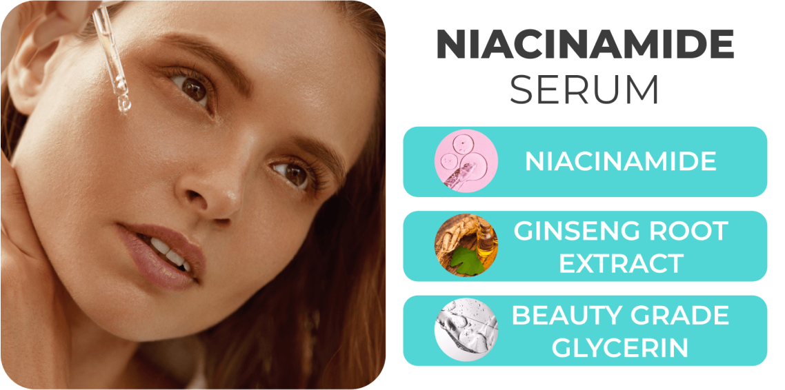 Woman applying niacinamide serum with ingredients listed: niacinamide, ginseng root extract, glycerin.