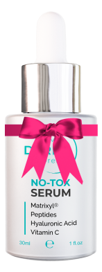 Cosmetic serum bottle with a dropper, pink ribbon, and ingredient list.