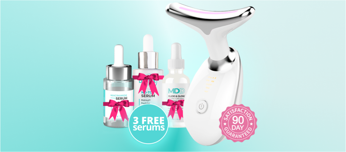 Skincare serums and device with a '90 Day Satisfaction Guaranteed' badge on a light blue background.