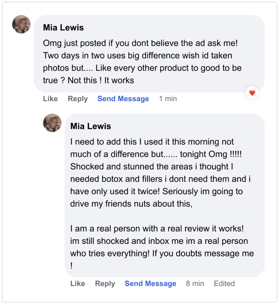 Text testimonials expressing satisfaction with a beauty product's effectiveness.