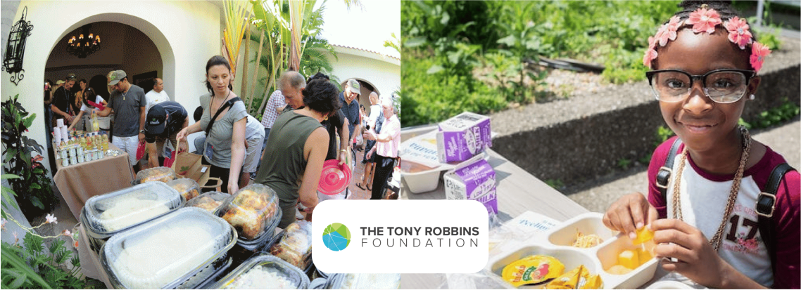 People gathering for a meal distribution and a child enjoying a meal outdoors, with a foundation logo.