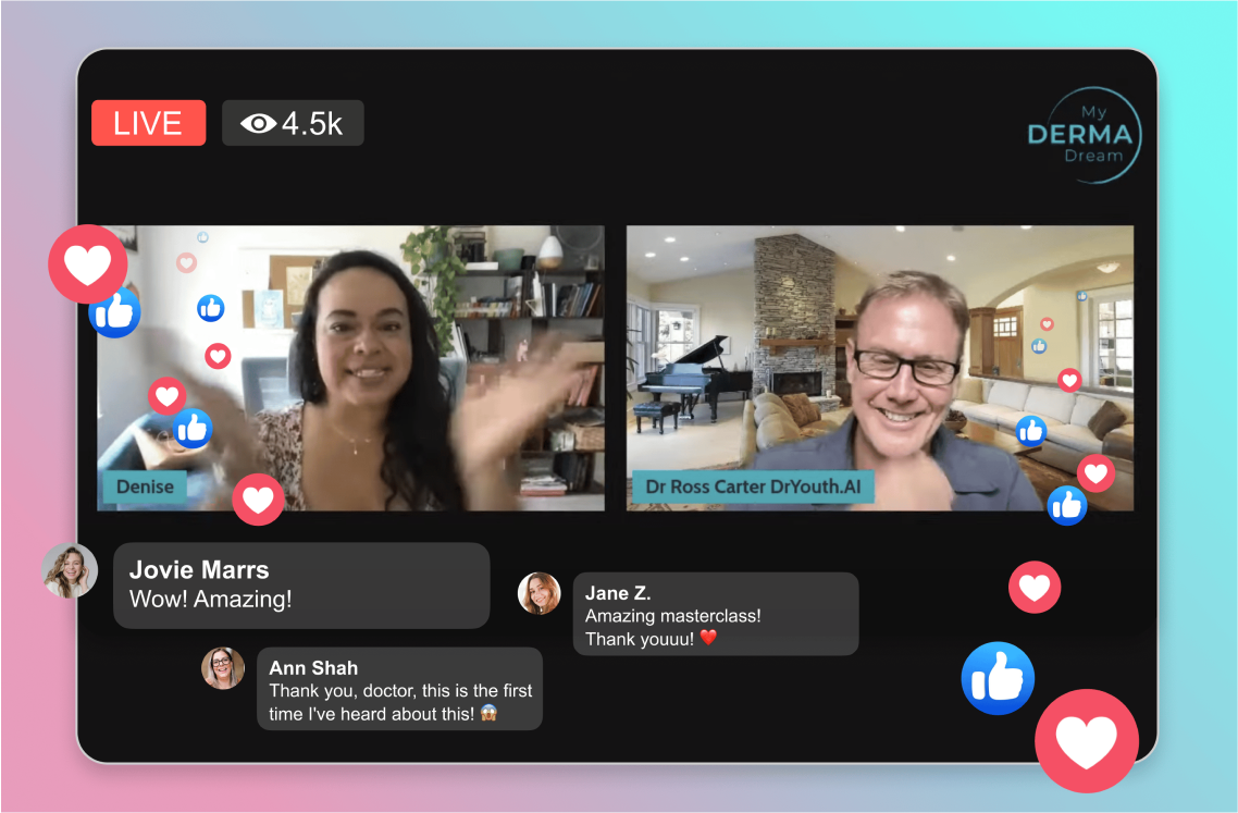 A live video chat featuring two smiling participants with social media reactions.