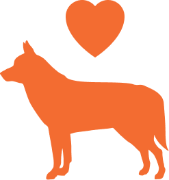 An orange silhouette of a dog with a heart above it.