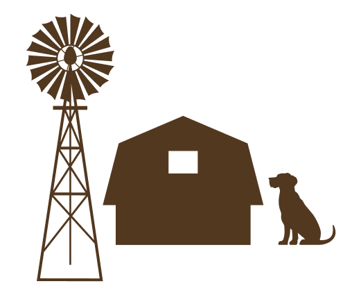 Silhouette of a barn, windmill, and dog.