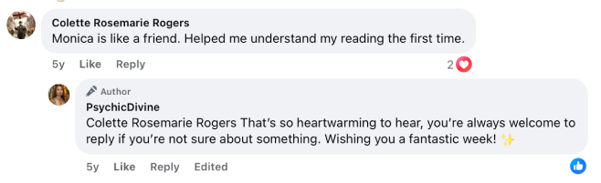 Facebook comments praising someone's helpfulness and response to feedback.