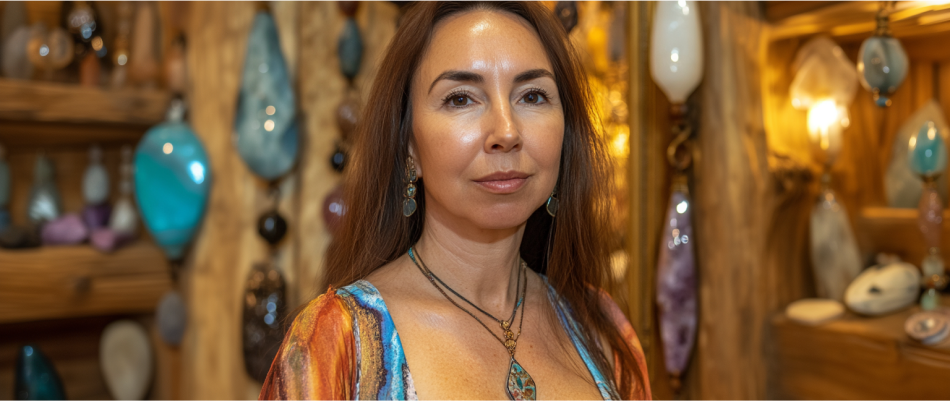 Woman with long hair in a room filled with colorful crystals and art.