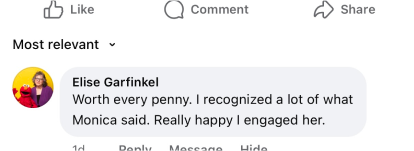 Text comment expressing satisfaction with services provided by Monica.