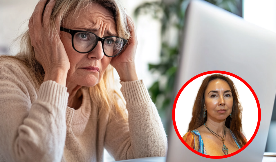 A concerned woman in front of a computer, with another woman's photo inset.