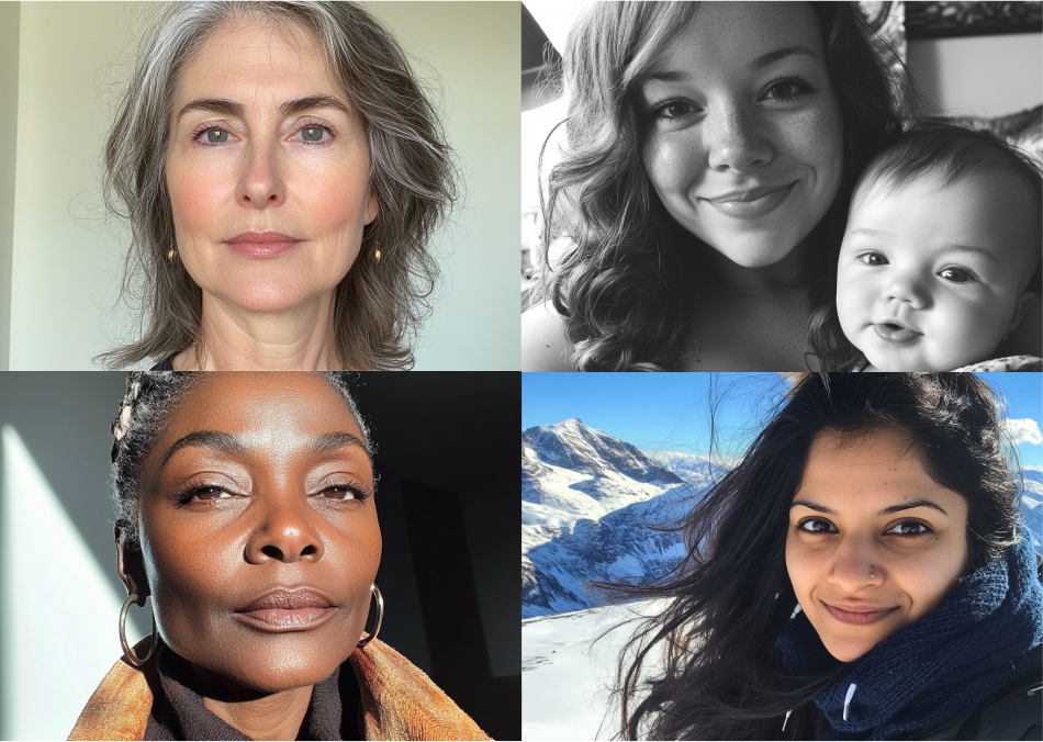 Four women in different settings, including outdoors and with a baby.