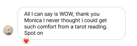 Text thanking Monica for a comforting tarot reading with a heart emoji.