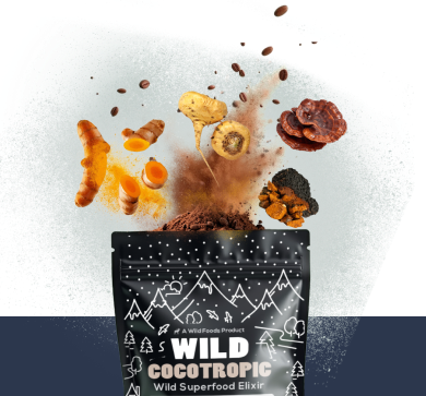 'Wild Cocotropic superfood elixir with various ingredients floating above the package.'